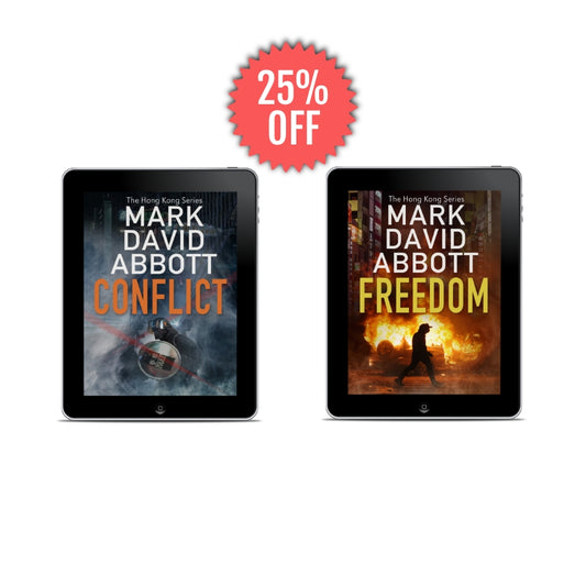 Two tablet screens displaying book covers  for the Hong Kong trilogy by Mark David Abbott with a 25% off discount badge.