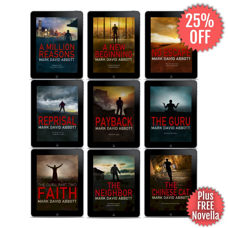 Collection of book covers by Mark David Abbott with promotional text on a white background