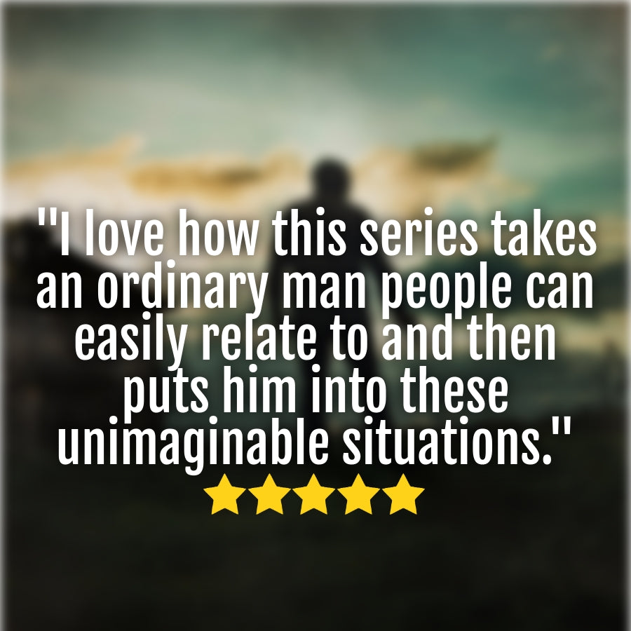 Image of a 5-star reader review for the John Hayes thriller series, highlighting the gripping, emotional, and action-packed nature of the books.