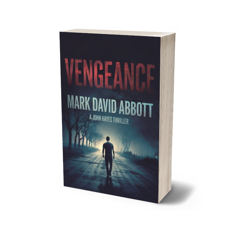 Paperback Book cover of Vengeance by Mark David Abbott, featuring a lone man standing in a desolate Indian street, evoking suspense and revenge.