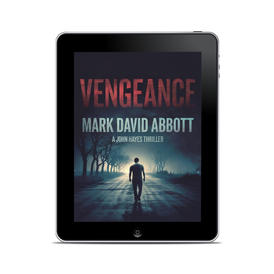 eBook cover of Vengeance by Mark David Abbott, featuring a lone man standing in a desolate Indian street, evoking suspense and revenge.