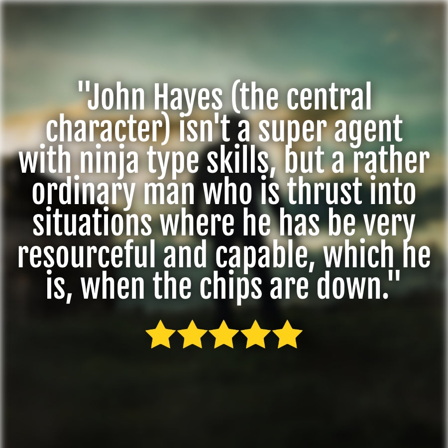 Image of a 5-star reader review for the John Hayes thriller series, highlighting the gripping, emotional, and action-packed nature of the books.